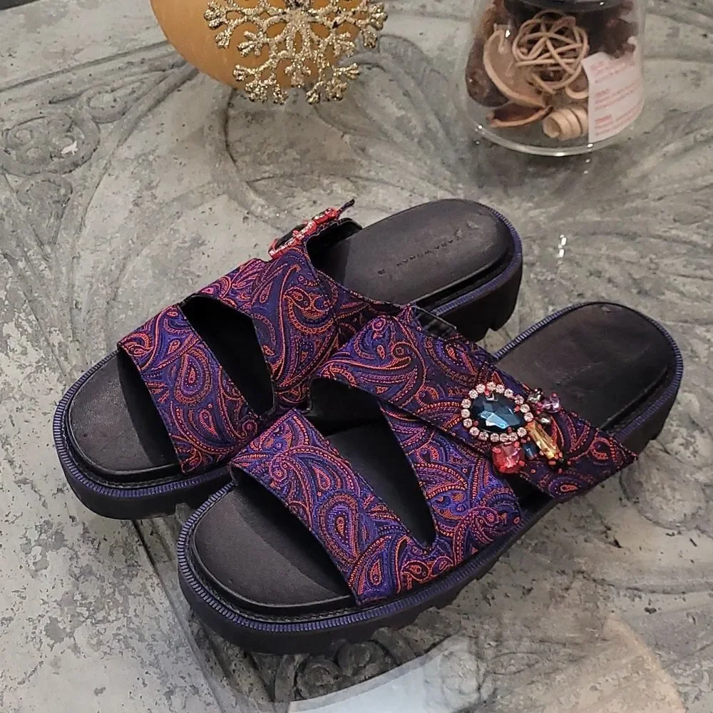 ZARA EMBROIDERED TRACK SOLE PURPLE  BAROK SANDALS JEWEL BROOCH 38 - Picture 2 of 8